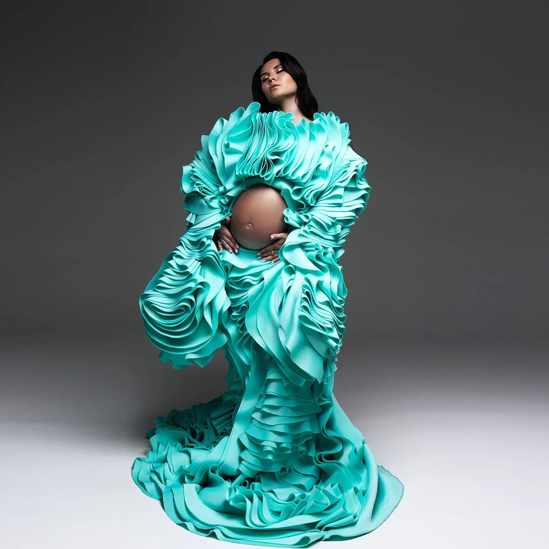 Lindo oco barriga vestidos para grávidas glamourosa turquesa verde babados cetim vestido grávida extra inchado em camadas babados vestido2026