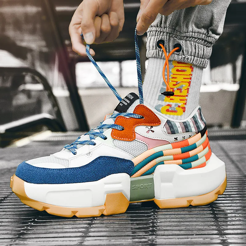 

Men's Fashion Floral Fabric Patchwork Lace-Up Thick Sole Skate Shoes Non-Slip Wear-Resistant Chunky Sneakers Casual Sports Shoes