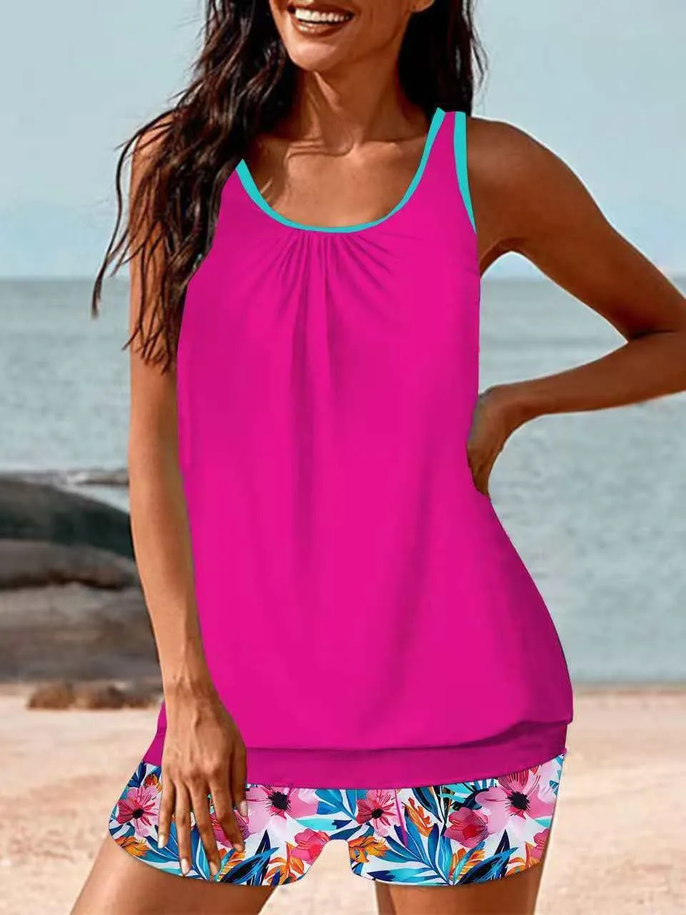 2026 المرأة مثير انقطاع قطعتين ملابس السباحة الشاطئ ملابس السباحة الربيع الساخن الصيف سترة تانك القمم عطلة الأزهار السراويل دعوى الإناث #1