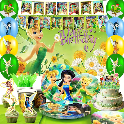 Disney Fairies Birthday Decorations,112pcs Tinker Bell Party Supplie-Banner Balloons Plates Cup etc Tinker Bell Party Decoration
