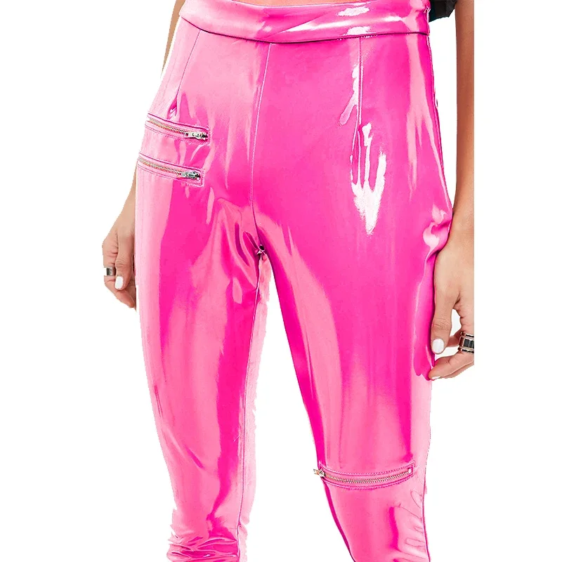 Women Skinny Faux Leather Slim Pants PU Leather Zip Split Trouser Plus Size Ladies Slim Sexy High Waist Leggings Support Custom