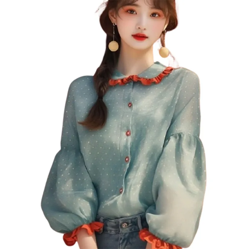 Vintage Patchwork Women\'s Blouses Spring/summer New Dots Korean Shirts Loose Long Sleeves Top Fashion Clothing Sales