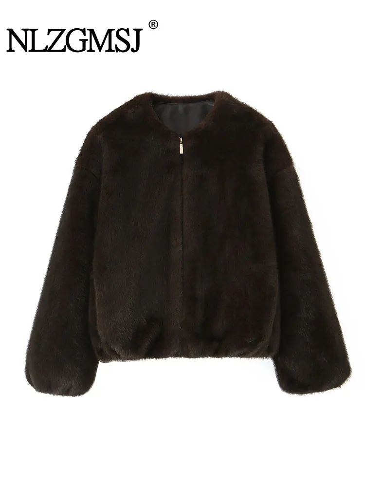 

NLZGMSJ Vintage Casual Women Faux Fur Jackets Solid O-Neck Long Sleeve Warm Coat New Fashion 2025 Autumn Winter Outwear