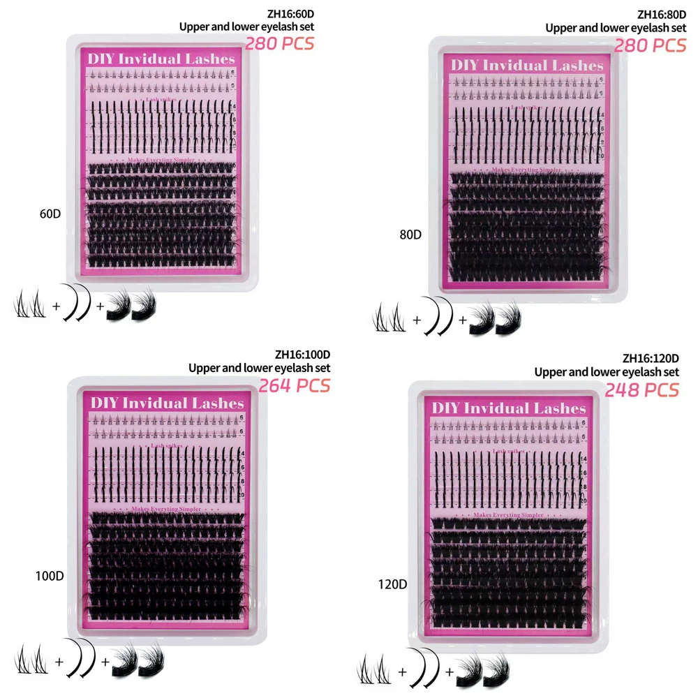 

14 Rows 3D Crescent-shape D Curl No Trimming Reuqired Fairy Upper and Lower 3 Styles Complete Eyelashes Set
