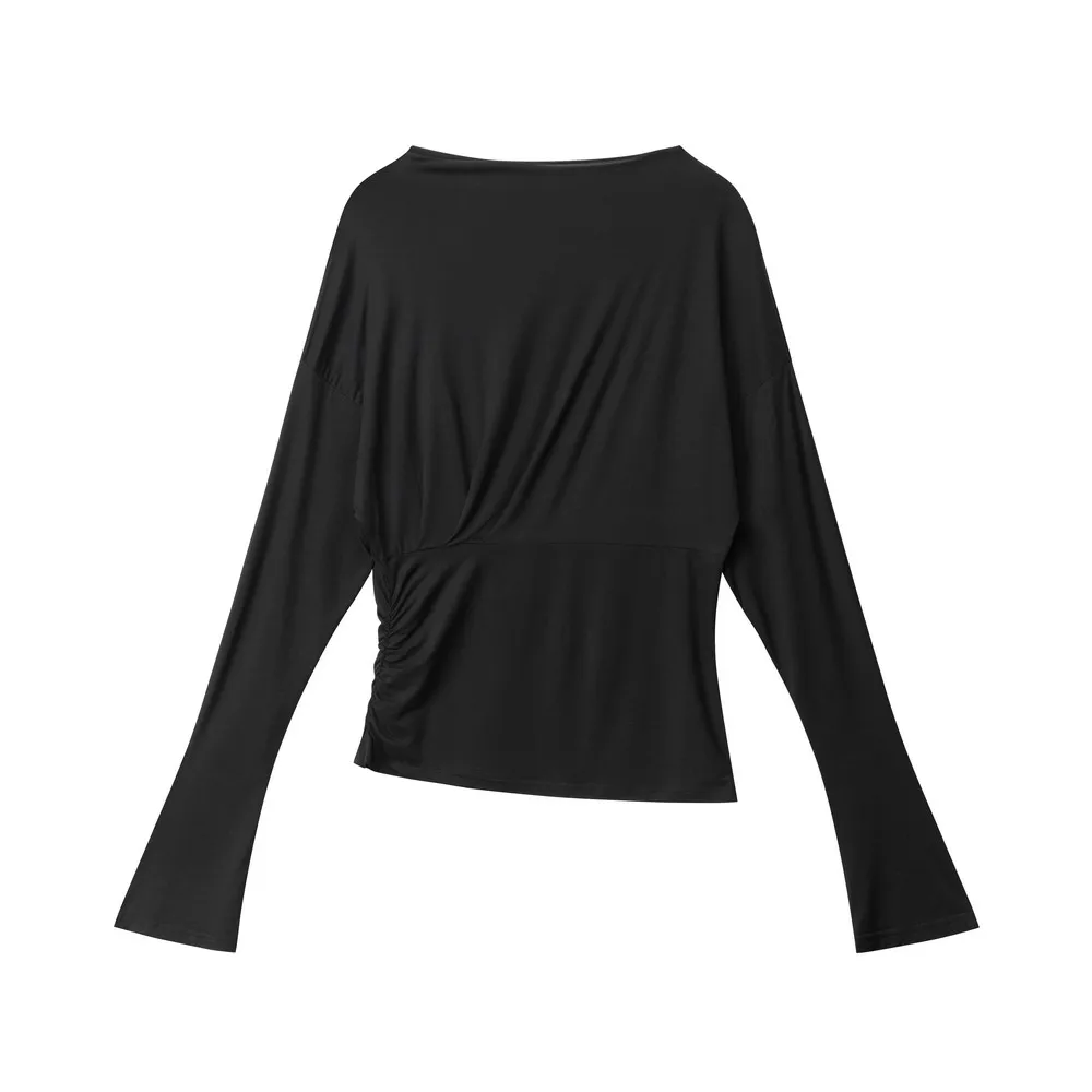 Plissado assimétrico fino ajuste interior básico inverno outono bodywear escritório camisetas de fitness manga longa elegante topos para mulheres meninas