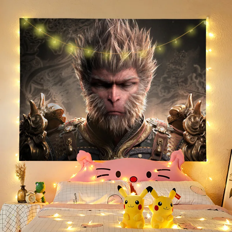 

Черная мифология, гобелен Wukong, атмосфера, крупногабаритная подвесная краска, ковер, фреска, фон для дома с зажимами для ногтей, ленты