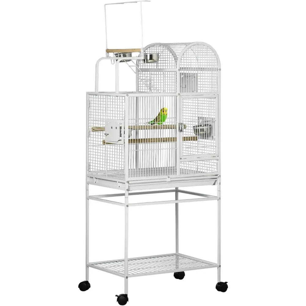 

55" Large Parrot Cage with Toy Hooks Above Top Bird Perch, Tray, Food Cups, Rolling Stand, Bird Cage for Cockatiels, Parakeets,