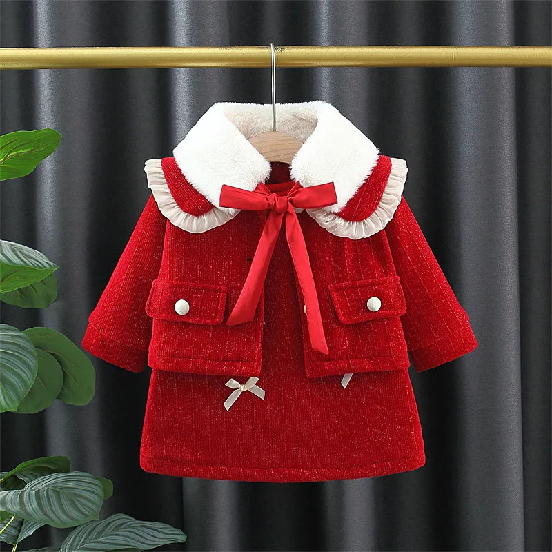 

Baby Girls Clothes Set New New Year's Red Sweet Princess Outfits Autumn Winter Kids Girls Plus Velvet Thickened Coat Suit Skirt