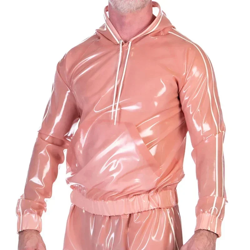 

Transparent Pink And White Sexy Latex Shirts With Hoodies Pockets At Front Stripes Rubber Top ClothesJacket