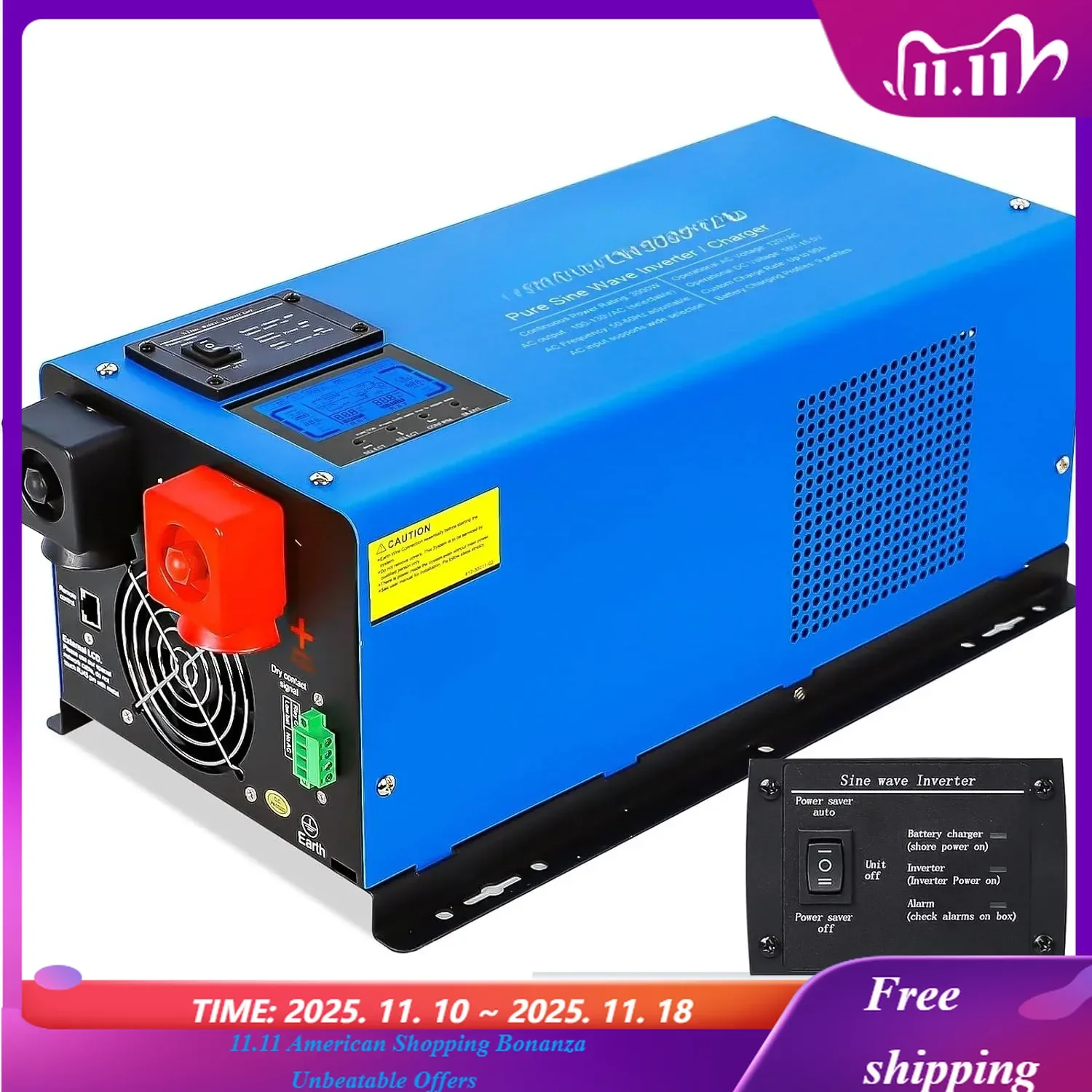 

Инвертор чистой синусоиды постоянного тока, 3000 Вт, 12 В постоянного тока, пик 9000 Вт, однофазный выход переменного тока 120 В с зарядным устройством, ЖК-дисплей,