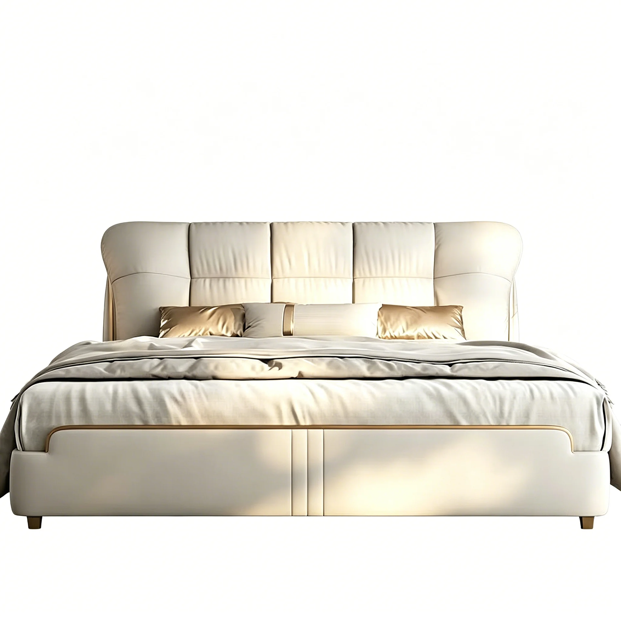 *Modern Italian Luxury Genuine Leather Double Bed Master Bedroom Low Headboard Space Saving Flush Design Bed Frame Gold Trim