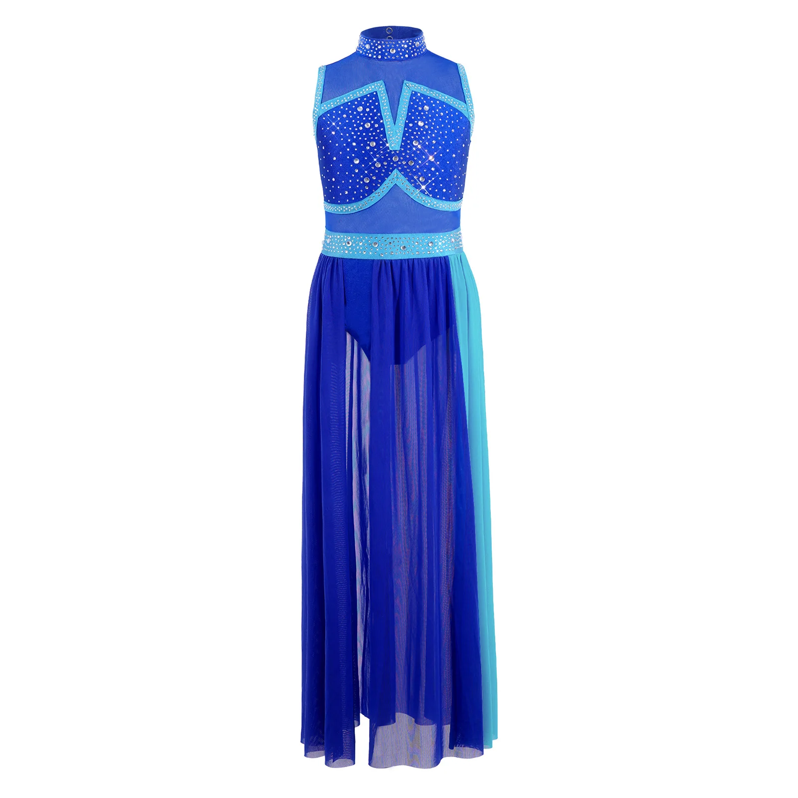 Kids Girls Shiny Rhinestone Sheer Mesh Modern Lyrical Dance Leotard Dress Skating Gymnastics Acrobatics Worship Choir Dress