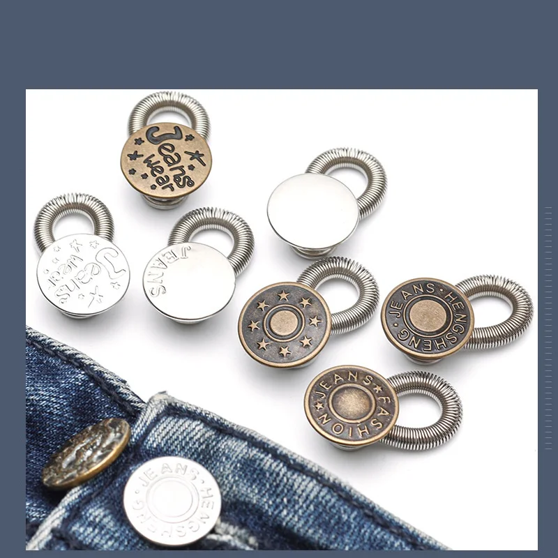 3/6Pcs 17mm Sewing Elastic Buttons Adjustable Disassembly Retractable Jeans Waist Metal Extended Buckles Pant Waistband Expander