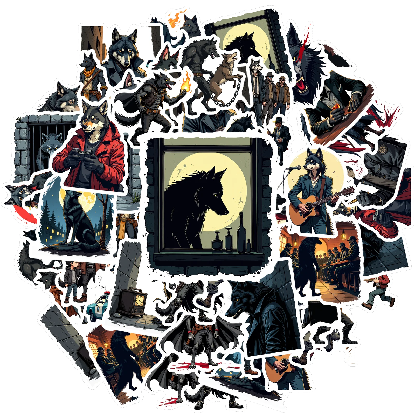 35pcs-70pcs Retro Dark Fantasy Stickers Dark Fantasy Werewolf Funny Stickers Animal Stickers For Laptop Motorcycle Luggage DIY