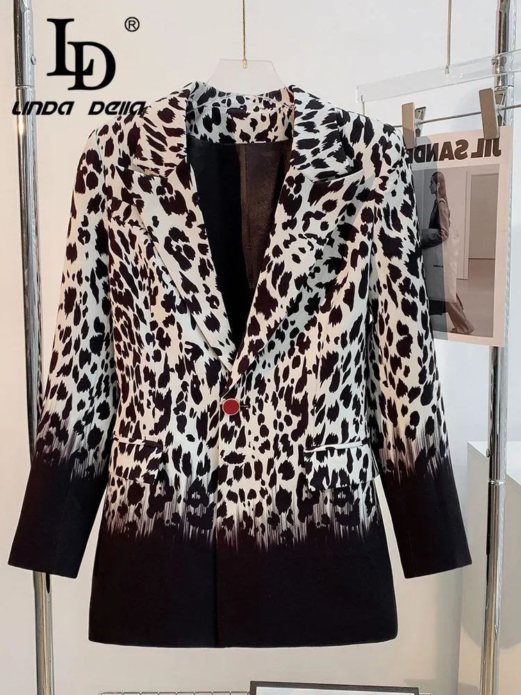 LD LINDA DELLA Autumn and winter New Style Elegant Coat Women\'s long sleeve Button Leopard Print Gradient MIDI style Suit Coat