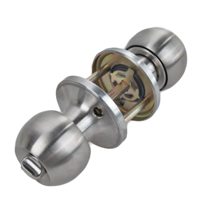 Stainless Rotation Round Door Knobs Handle Entrance Passage Lock With Key Set For Ease Of Opening.  Keyhole On Outside