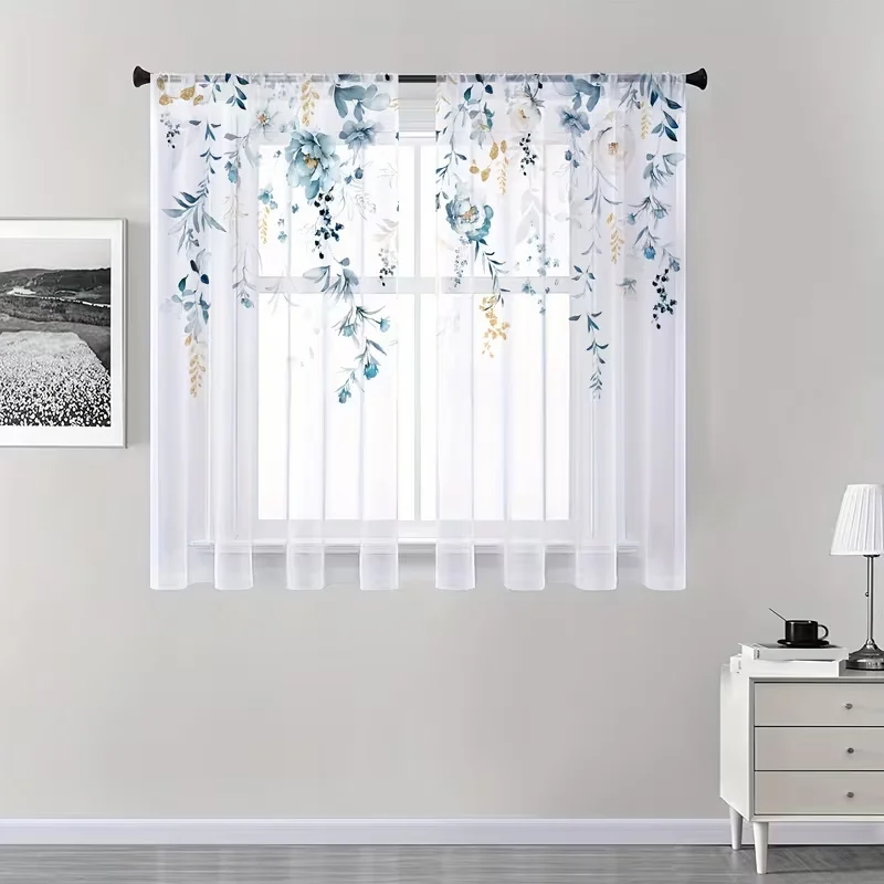 2PC Indigo & Gold Watercolor Floral Vine Sheer Curtains - Elegant Botanical Window Drapes for Kitchen & Living Room