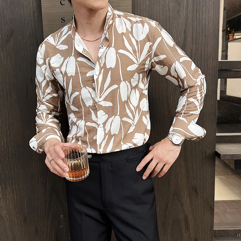 High-quality Autumn Lyocell Printed Shirts Men Loose Long Sleeve Casual Shirts Fashion Social Streetwear Vintage Men Clothing