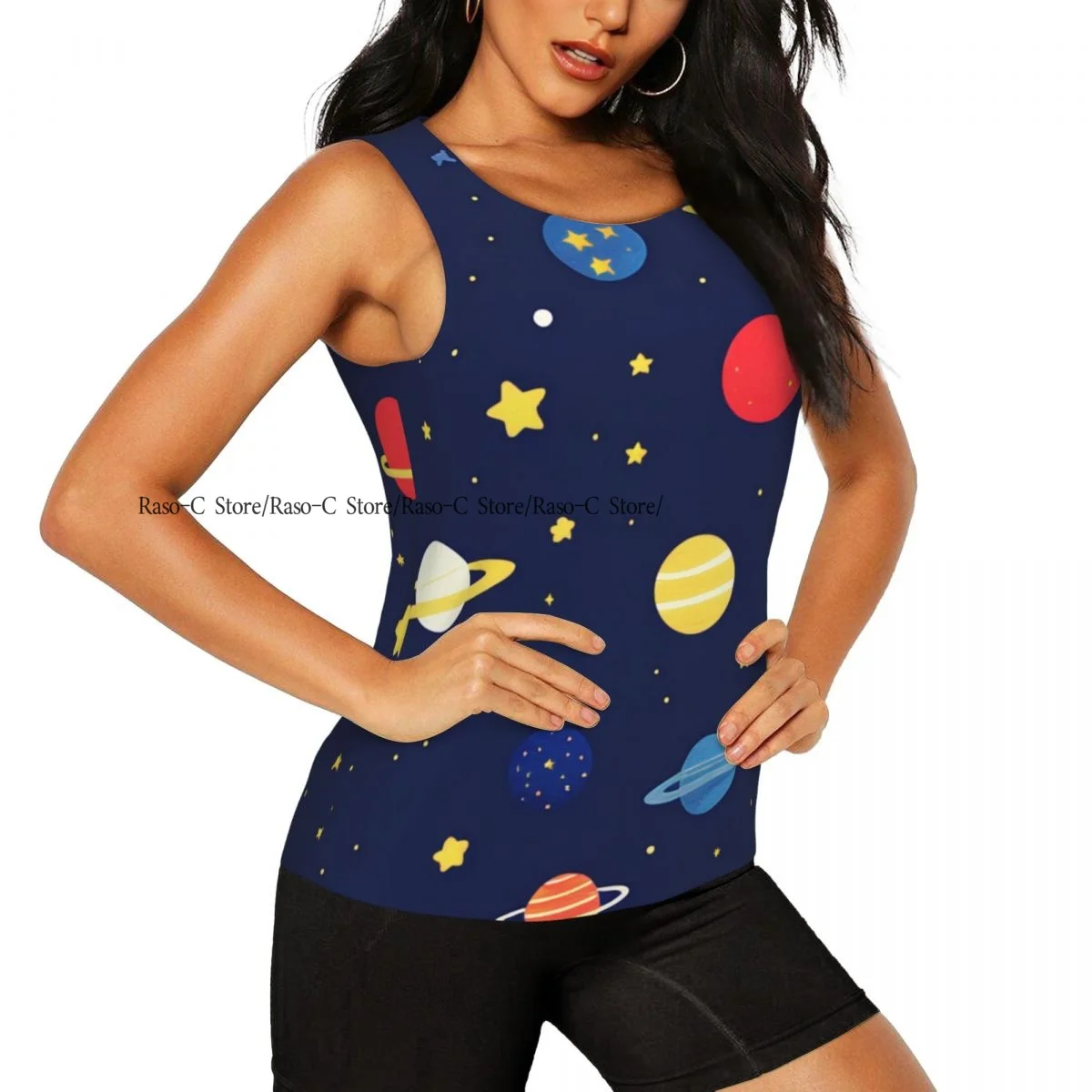 Women Sexy Vest Colorful Planets And Stars Cute Pattern Sleeveless Round Neck Tank Tops Female Casual Basic Camisole