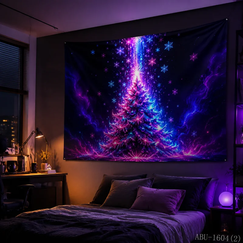 VIKAMA Neon Purple Blue Light Pillar Tree Snowflake Nebula Starry Black Glow Ornament Christmas Tapestry Wall Hanging Bedroom