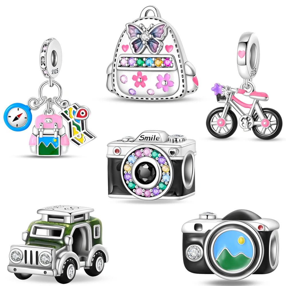 Cute Adventure Car & Travel Bag & Movable Bike Dangle Charm Fits Original Bracelet 925 Sterling Silver Vocation Jewelry Gift