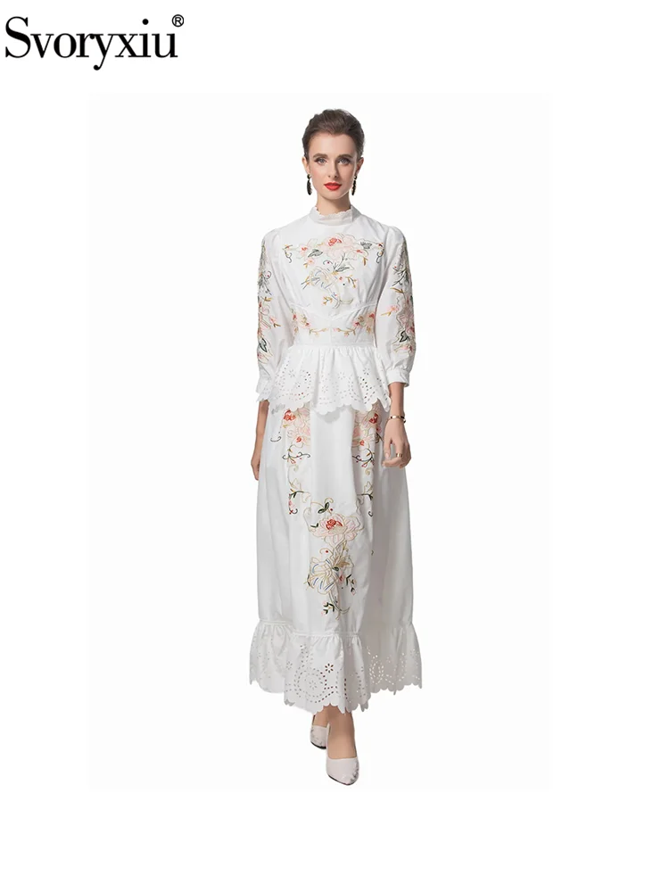 Svoryxiu Fashion Runway Autumn Floral Embroidery Floor-Length Dress Women's Stand Collar Long Sleeve High Waist Flounces Dress