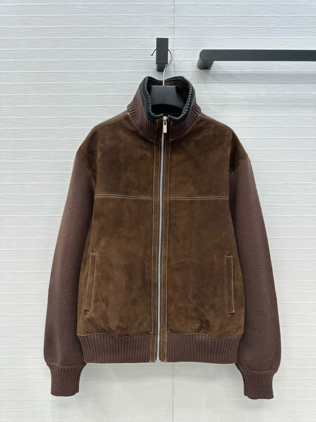 2026 Autumn New Women's Jacket Suede Stand up Collar Jacket Top 100% Sheepskin Material Spliced Knitted Fabric High Quality