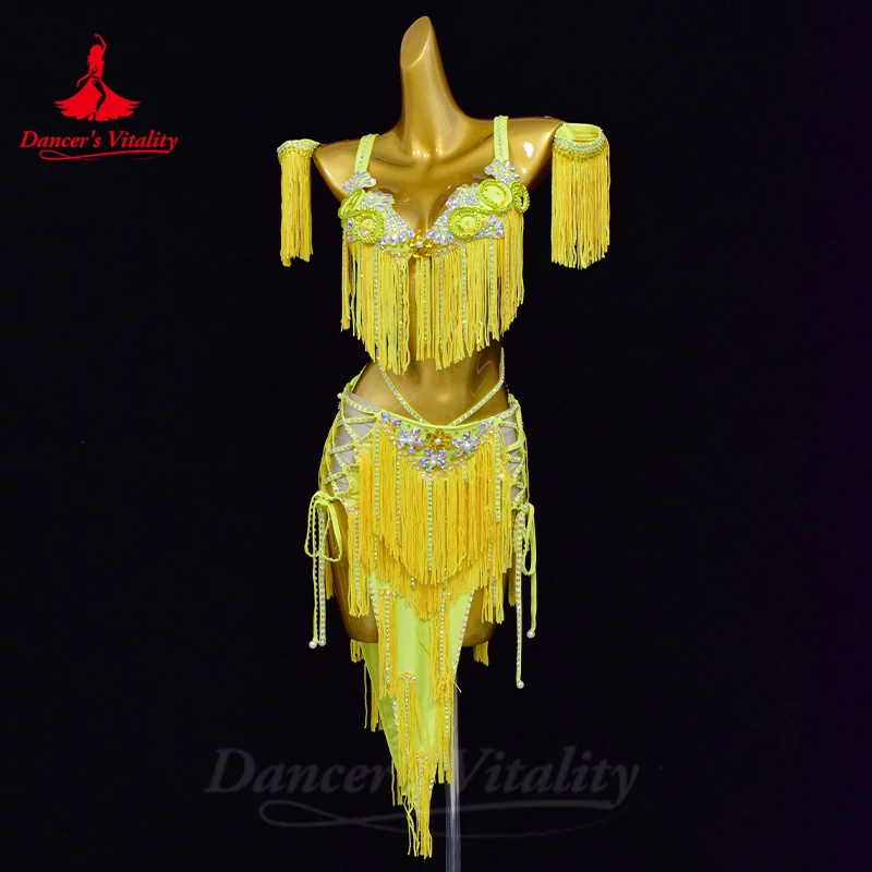 Belly Dance Competition Outfits Customized Bra Diamond Tassel Skirt Set Oriental Indian Drum Dancing Stage Performance Costume