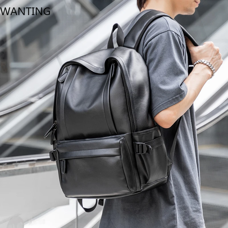 حقيبة ظهر جلدية للرجال على الموضة لعام 2025 مقاومة للماء مقاس 14 بوصة حقائب ظهر للكمبيوتر المحمول مع USB للمراهقين والسفر والرياضة للرجال Mochila