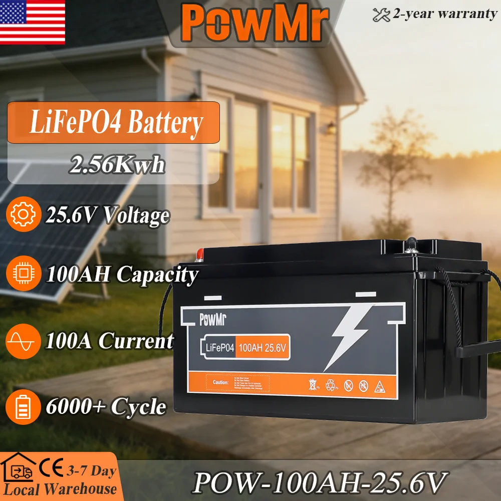 PowMr LiFePO4 Battery 25.6V 100Ah with BMS Grade A 2.56kWh Lithium 6000 cycle 100A flash charge for Camping EV Home System US Local