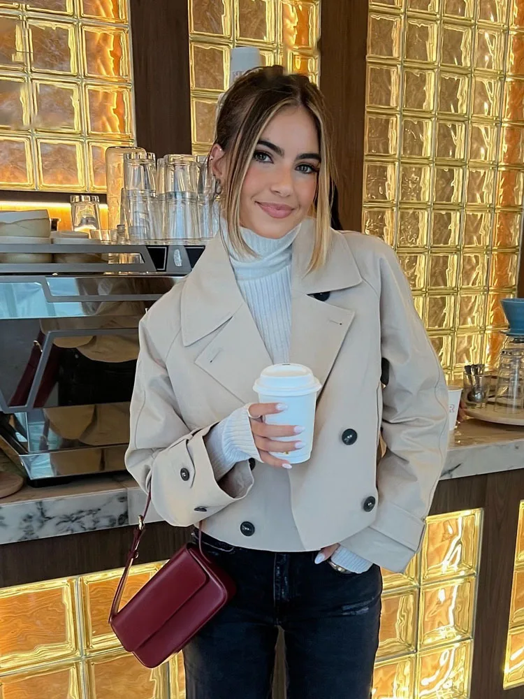 

HH Women Fashion Short Trench Coat Chic Solid Double Breasted Long Sleeve Jacket Woman Vintage Lapel Pocket Design Slim Coat