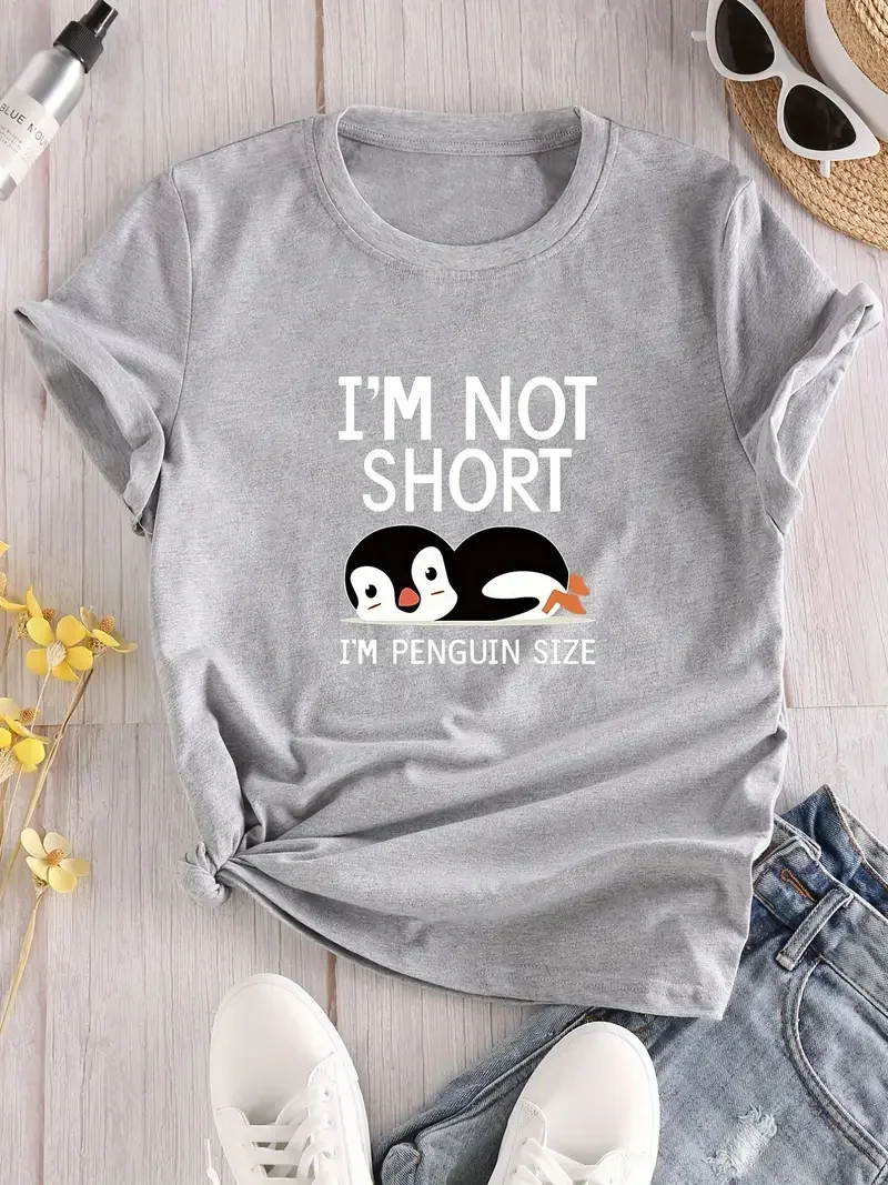 Im Not Short Im Penguin Size Letter & Animals Print T-Shir Crew Neck Short Sleeve T-Shirt Casual Every Day Tops Shirts For Women