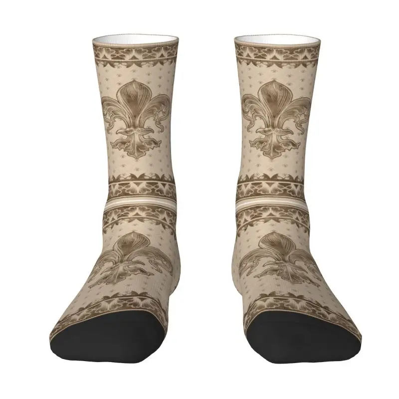 

Custom Cute Mens Vintage Fleur De Lis Pastel Gold Dress Socks Unisex Warm Comfortable 3D Printed Royal Sacred Lily Socks