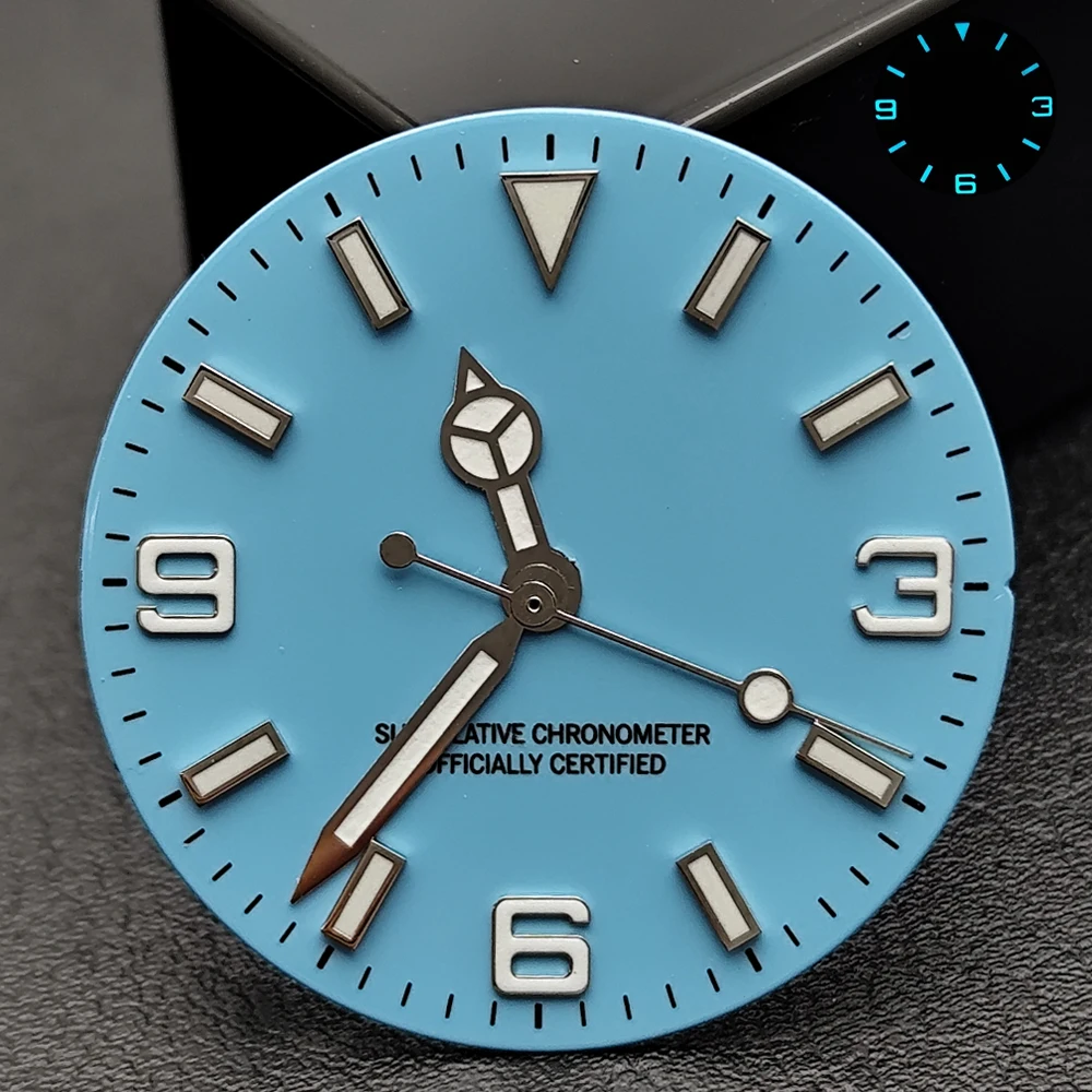 Blau-Grün Leuchtendes 28,5mm Zifferblatt ohne Datum, Zeiger mit individuellem Logo, passend für NH35 8215 2824 2836 Uhrwerke, Uhrenzubehör – Detail 7