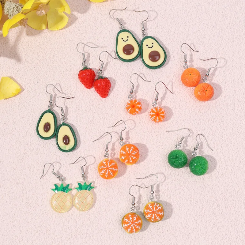 Kawaii Avocado Earrings Acrylic Resin Epoxy Orange Stawberry Pineapple Dangle Costume Jewelry Trendy Style Woman Girl Accessory