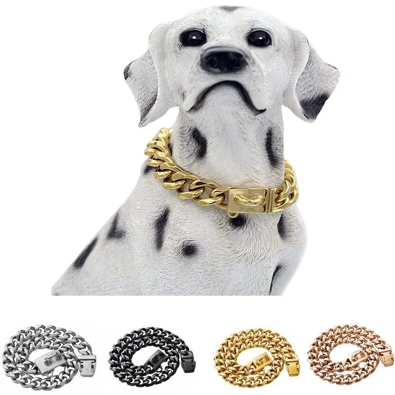 13mm 18K Gold Cuban Dog Chain Pet Collar Bully Large Dog Collar Leash Customized Stainless Steel Pitpull Bulldog Strong Collars