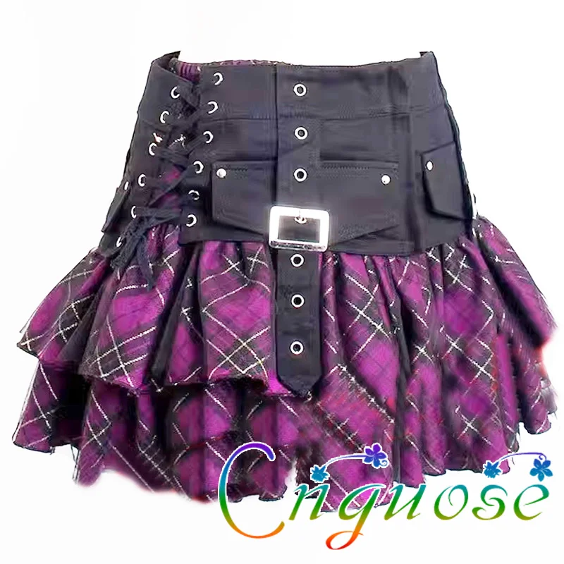 

2024 Y2K Cute Japanese Kill Matt Bandage College Style purple Grid Punk Gothic Mini Short Cake pleated Skirt for Womens