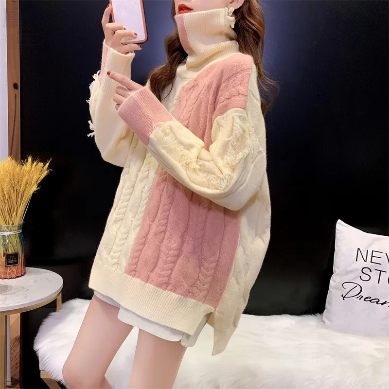 Autumn Winter Thick Turtleneck Knitted Sweater Women Loose Pullover Korean Patchwork High Collar Long Sleeve Knitted Tops Female