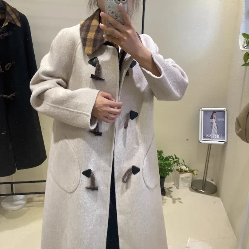 RosEvans Faux Two-piece Double-sided Cashmere Coat Women Plaid Collar New Autumn Winter High-end New Long Horn Buckle Wool Woman