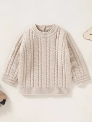 Boys' Comfortable Button Round Neck Knitted Sweater - Long Sleeves, Solid Winter Style, Twisted Knit Details