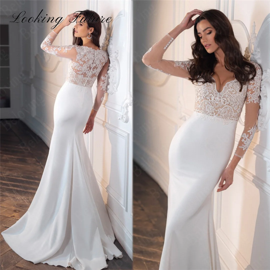 

Morden Boho Mermaid Wedding Dresses 2024 Sheer Lace Applique Button Pleat Bridal Gowns Soft Satin Wedding Bride Dress Vestidos