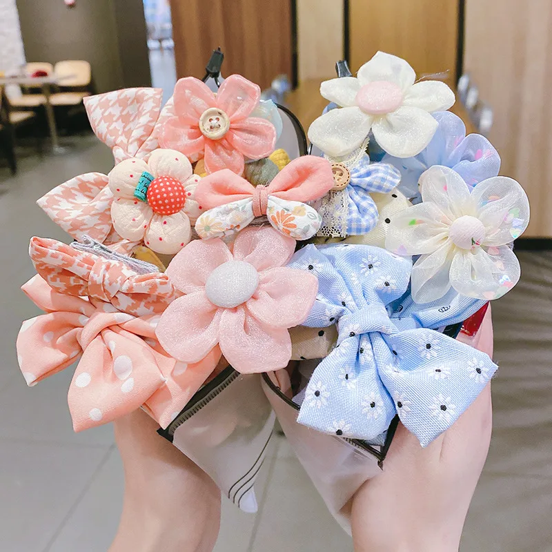 14-8Pcs/Set Cute Cartoon Bowknot Flower Hair Clips for Baby Girls Handmade Color Hairpin Barrettes Headwear Kid Hair Accessories