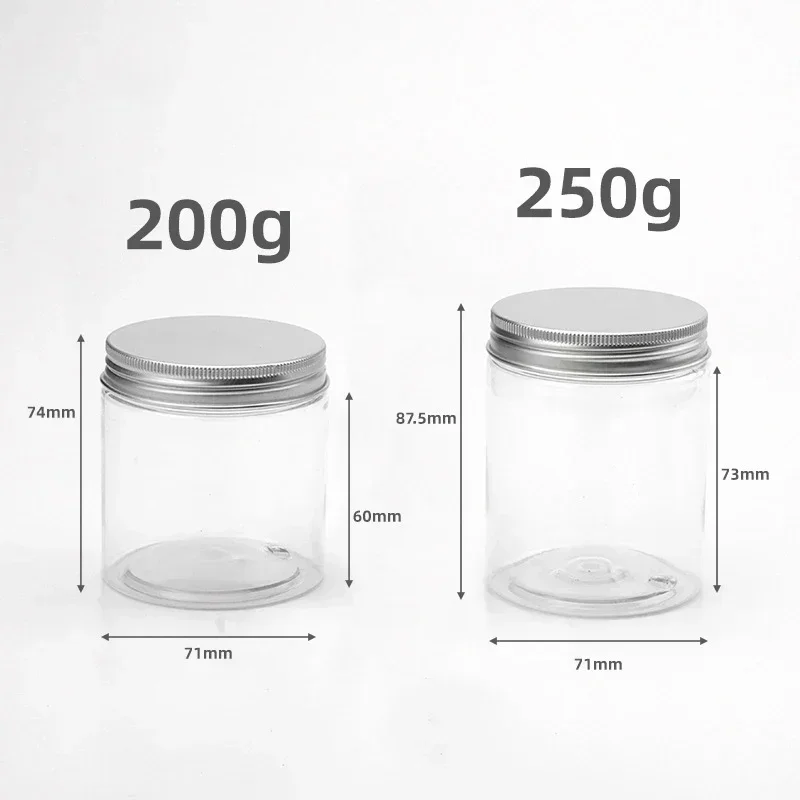 12 sztuk pustych plastikowych słoików kosmetycznych z aluminiową pokrywką 200/250g przezroczysty pojemnik na kosmetyki krem ​​do twarzy pojemnik na próbki na akcesoria podróżne