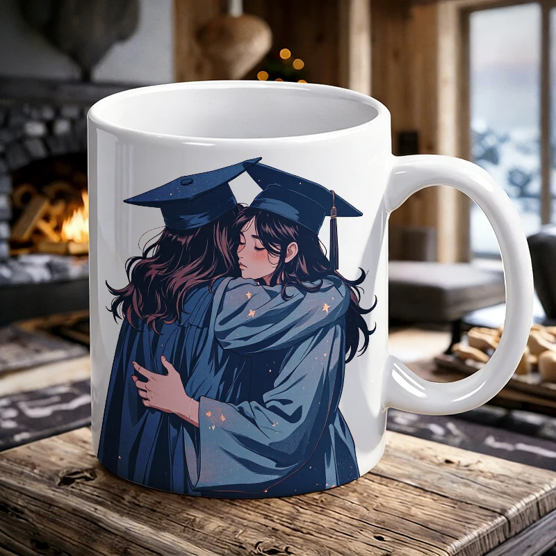 

Anime-style Graduation Hug Illustration Ceramic Mug, Coffee Mug, Milk Cup, Office Tea Cup, Drinking Cup, Gift for Friends