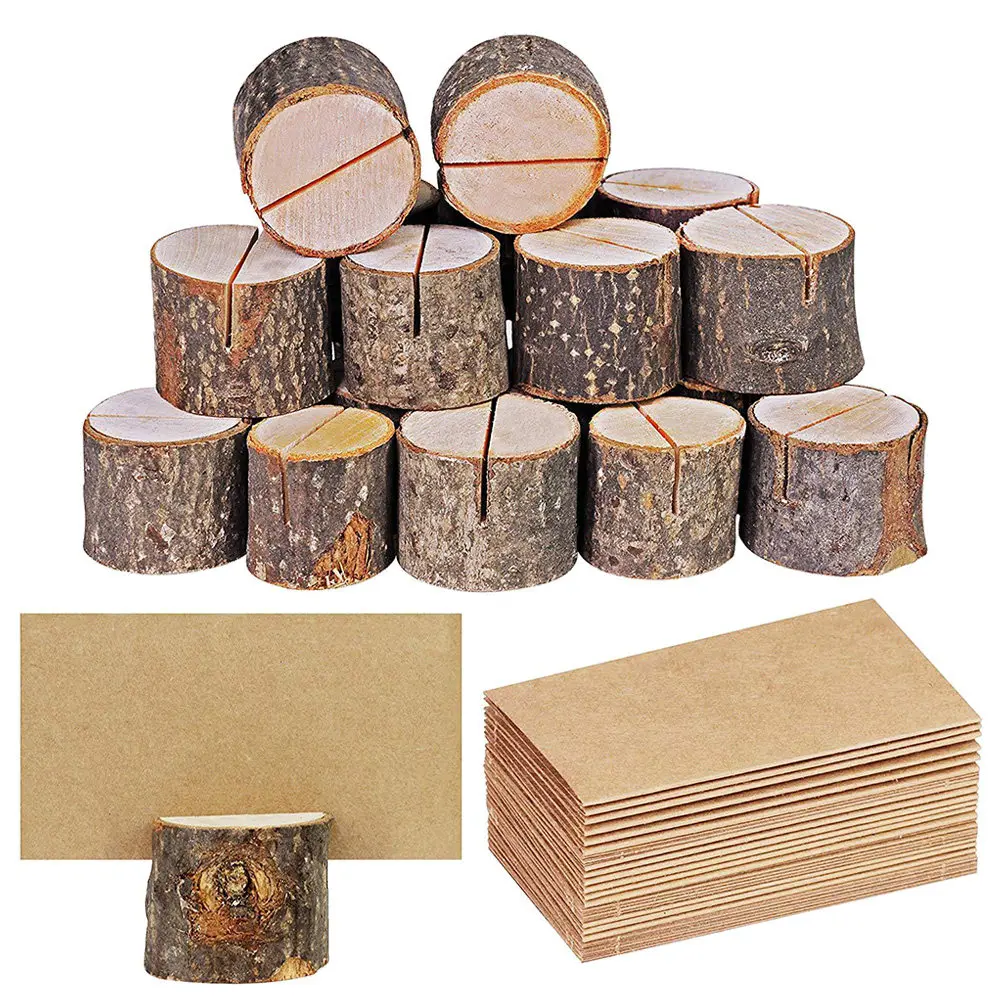 Larch Wood Stump Memo Holders 35 Sets Natural Bark Place Card Stands for Wedding Table Numbers Menus Photos
