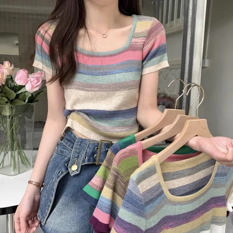 

Rainbow Striped Short Sleeve T-Shirt Women's Shoulder Ice Silk Knitted Short Style Summer New Arrival Fashion Top