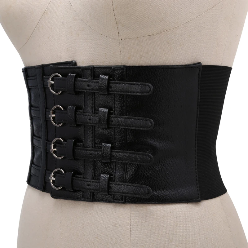 50JB Retro Lady Waist Shape Corset Wide Elastic Faux Leather Belt Stretch Waistband