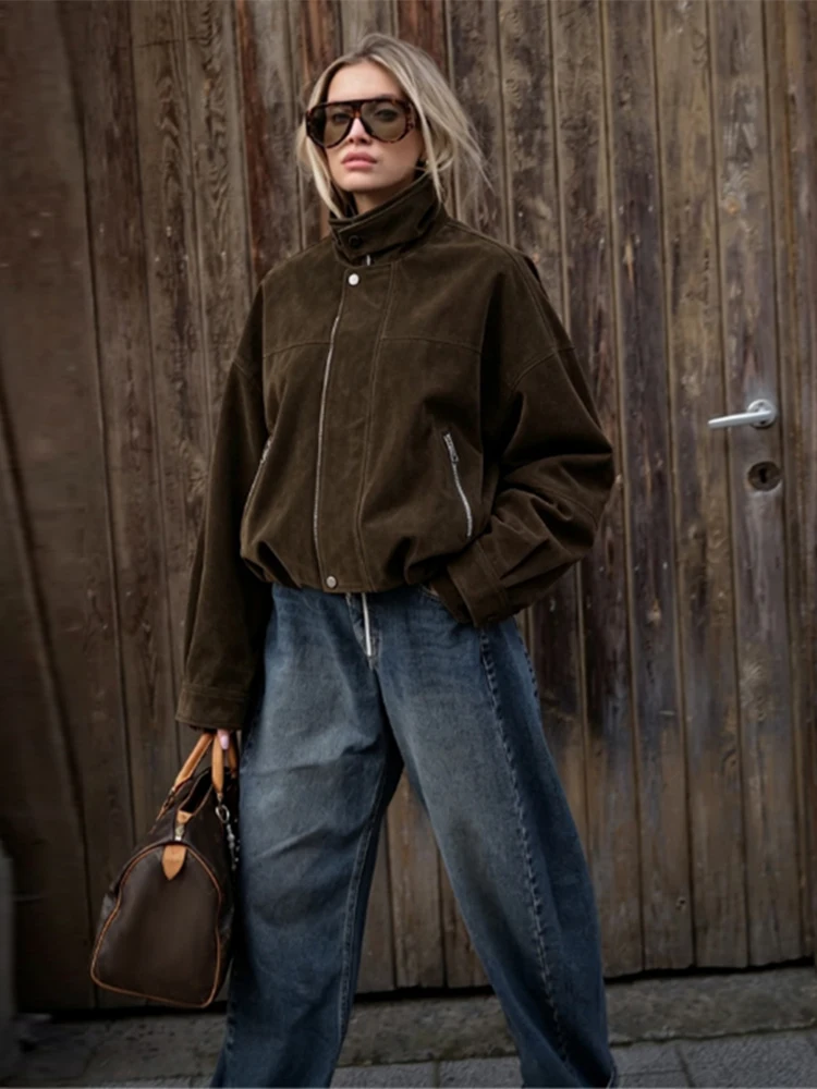 Fashion Suede Fabric Stand Collar Long Sleeve Elastic Waist Zip Cropped Jacket 2026 Autumn Women Outerwear Causal Lady Coat