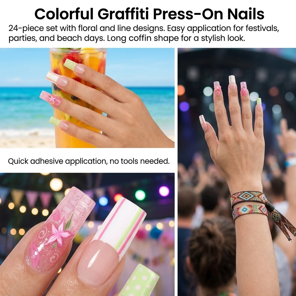 24 Stück Flash Pink Lange Eckige Künstliche Nägel Bunte Streifen Französischer Stil Falsche Nägel Blumen Graffiti Libellen Dekor Aufklebenägel – Detail 4