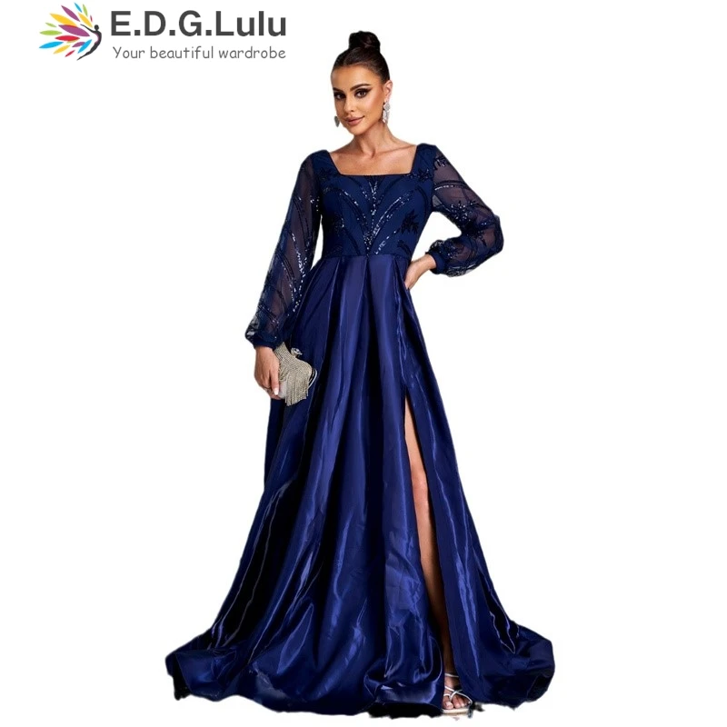 EDGLuLu Abito da compleanno con maniche a lanterna Donna 2024 Elegante abito da sera lungo con paillettes stampato patchwork in raso blu 1125